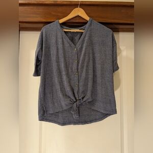Elegant Blue V-Neck Buttoned Women's Top